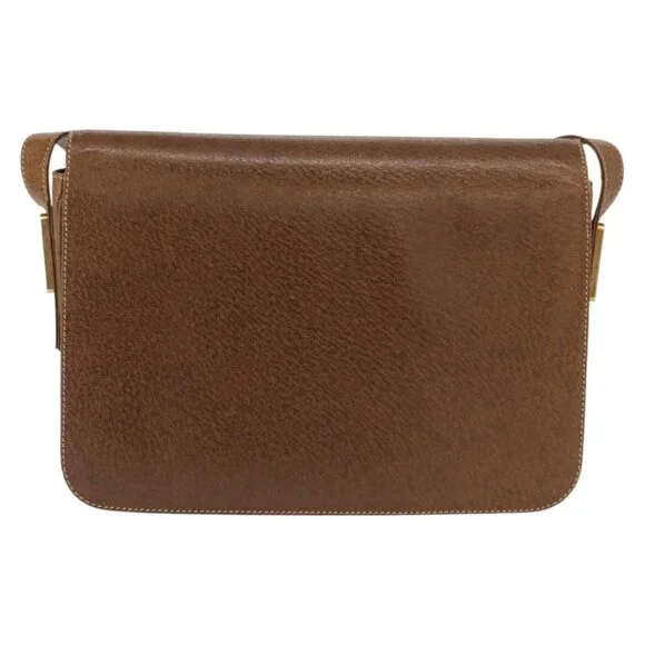 GUCCI Shoulder Bag Leather Brown Gold Auth am9842